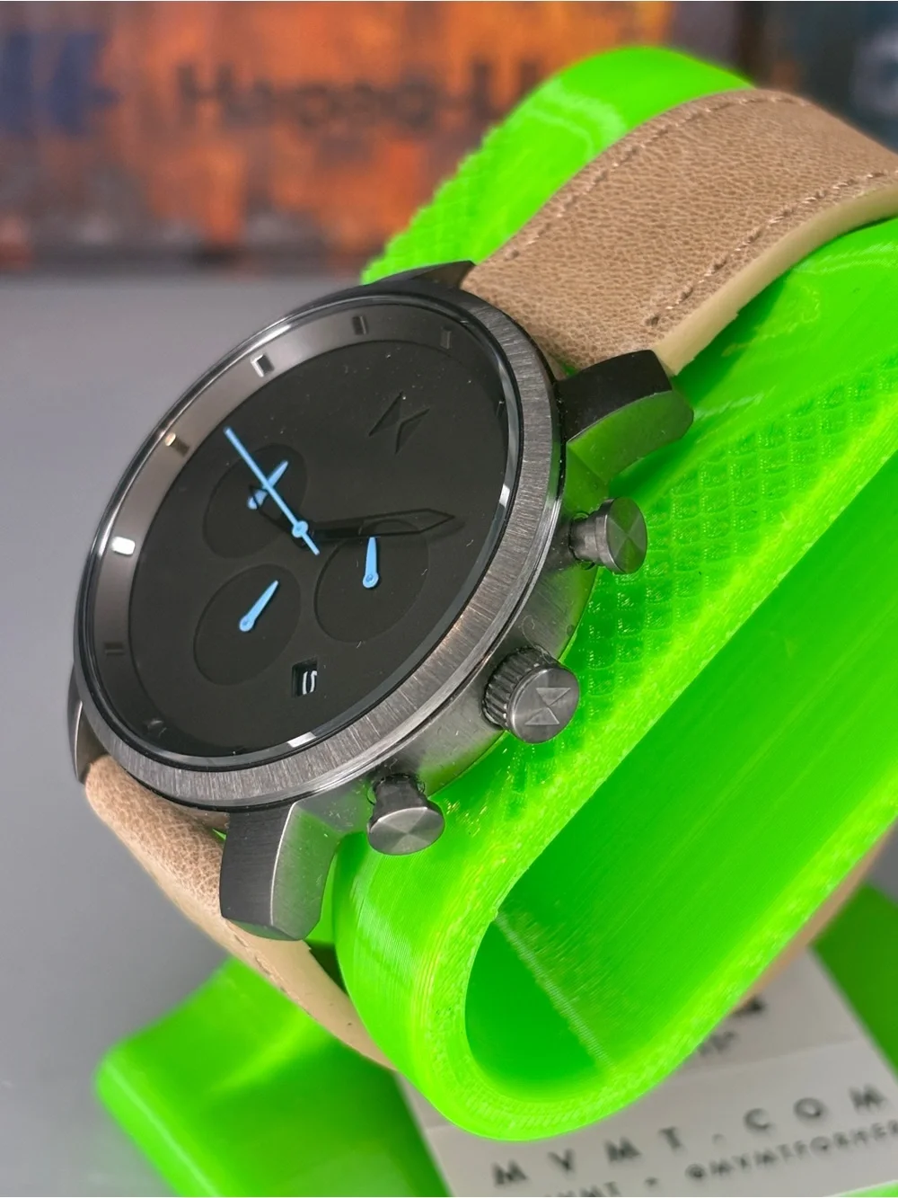 MVMT Black Dial Chronograph with Tan Leather Strap and Blue Hands
